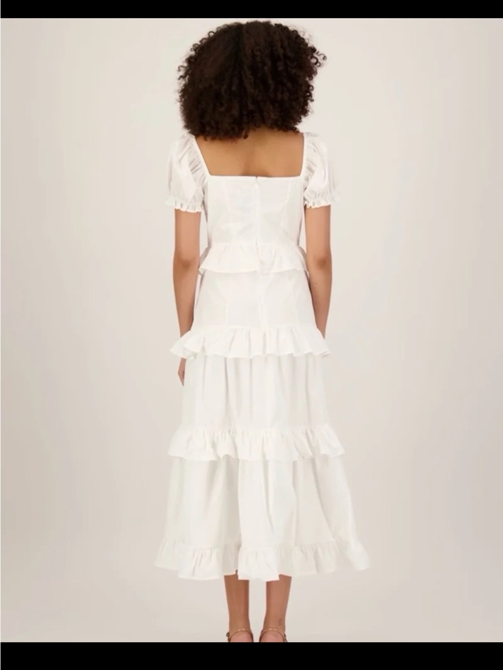 FLAT WHITE Ruffle Tiered Puff Sleeve Dress in White size Small - Picture 2 of 12